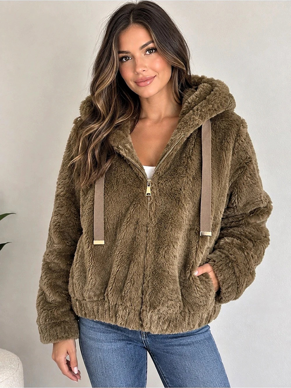 Zara Faux Fur Hooded Jacket in Brown Medium Like New